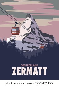 Zermatt Ski resort poster, retro. Alpes Winter travel card svg