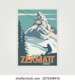 zermatt ski resort vintage poster travel illustration design, swiss alps poster design