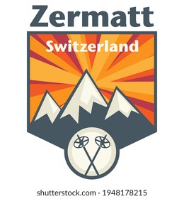 Zermatt, Alpes suizos. Emblema o etiqueta de las montañas de los Alpes, ilustración vectorial