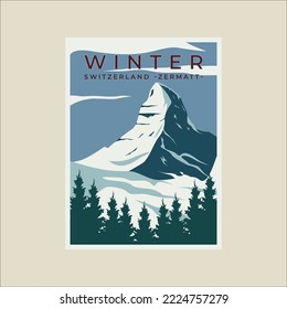 zermatt suiza vintage afiche gráfico modelo de ilustración vectorial diseño gráfico. banner de nieve de invierno de swiss alps para viajes o negocios de turismo