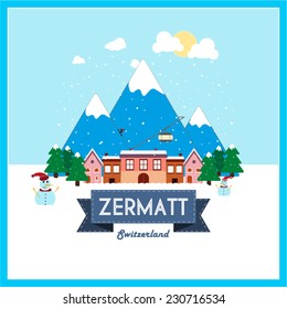 Zermatt, Winter Holiday destination flat design on snowy mountain background.