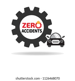 Zero Accidents In Gear With Car On White Background. Logo Vector Icon Concept.