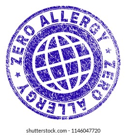 ZERO ALLERGY stamp print with distress texture. Blue vector rubber seal print of ZERO ALLERGY title with grunge texture. Seal has words arranged by circle and planet symbol.