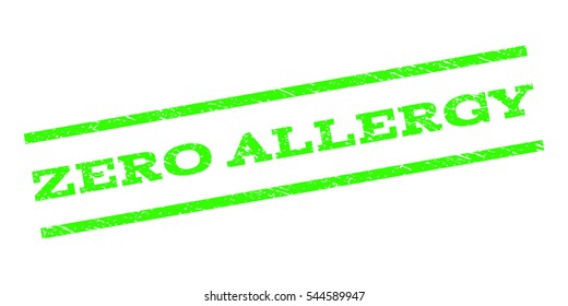 Zero Allergy watermark stamp. Text tag between parallel lines with grunge design style. Rubber seal stamp with dust texture. Vector light green color ink imprint on a white background.