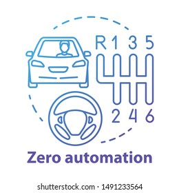 Zero automation concept icon. Car with manual transmission. Vehicle, gearbox, steering wheel. Driving school idea thin line illustration. Vector isolated outline drawing. Editable stroke