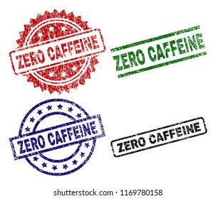 ZERO CAFFEINE seal prints with corroded surface. Black, green,red,blue vector rubber prints of ZERO CAFFEINE text with corroded style. Rubber seals with round, rectangle, medal shapes.