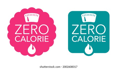 Zero calorie badge for diet food labeling - 0 kcal, energy fire, weight scales svg
