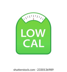 Zero calorie badge for diet food labeling - 0 kcal, energy fire, weight scales. Low cal. Green graphic weight and calory scale concept. Healthy eating banner. Vector illustration svg