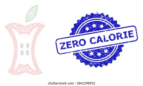 Zero Calorie corroded stamp seal and vector apple stump mesh model. Blue stamp seal has Zero Calorie caption inside rosette. Abstract 2d mesh apple stump, designed with flat mesh.