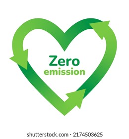 Zero carbon emission heart shape banner label icon isolated on white. CO2 neutral, net zero carbon footprint, greenhouse gas emission reduction concept. Green eco friendly heart recycle sign.