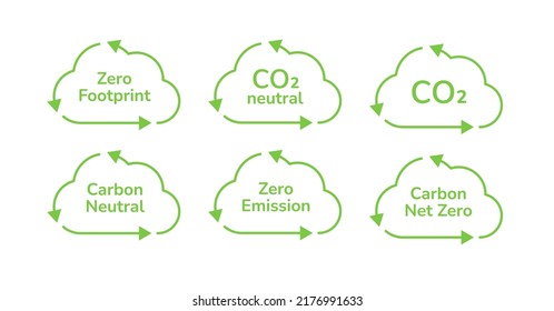 Zero carbon emission linear style green icon set. CO2 neutral, greenhouse gas emission reduction, zero carbon footprint concept. Eco friendly design elements. Linear style vector illustration.