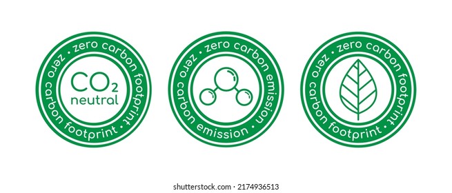 Zero carbon emission rubber stamp set. CO2 neutral, greenhouse gas emission reduction, zero carbon footprint eco certificates for your design. Stop global warming, protect ecology environment vector.
