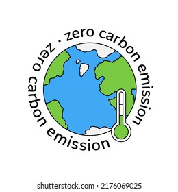 Zero carbon emission text around planet Earth emblem outline vector illustration. CO2 neutral, greenhouse gas emission reduction, zero carbon footprint concept. Planet Earth globe with thermometer.