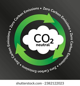 Zero carbon emissions certificate logo sticker design. CO2 neutral cloud with recycle arrows symbol isolated on dark. CO2 emissions reduction concept. Stop global warming vector illustration.