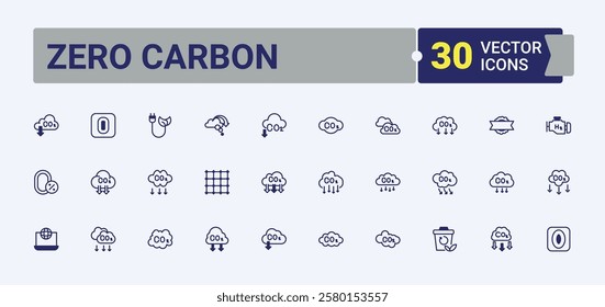 Zero Carbon linear icon. Includes thin line climate change, sustainable, Net Zero, action, bio, technology, zero and more. Outline icon. Editable vector outline and solid icons.