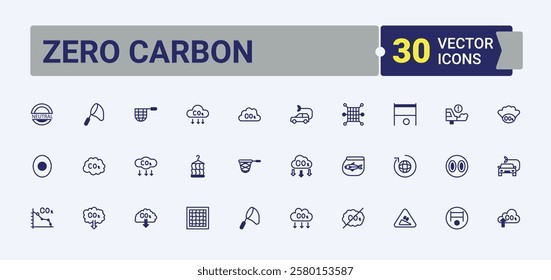 Zero Carbon linear icon. Includes thin line climate change, sustainable, Net Zero, action, bio, technology, zero and more. Outline icon. Editable vector outline and solid icons.