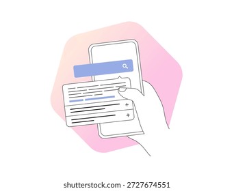 Cero búsqueda de Hacer clic: fragmento destacado en el teléfono móvil con la mano que sostiene la tarjeta de respuesta de la barra de consulta del teléfono inteligente más la tecnología de SEO de signos, la inteligencia artificial ofrece una visión general del concepto de optimización de acceso rápido Ilustración vectorial