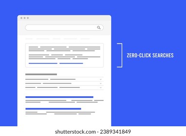Konzept der Nullklick-Suche Suchabfragen, die sofortige Antworten liefern, ohne auf die Ergebnisseite der Suchmaschine zu klicken. Nullklick-Ergebnisse, Vektorgrafik einzeln auf blauem Hintergrund mit Symbolen