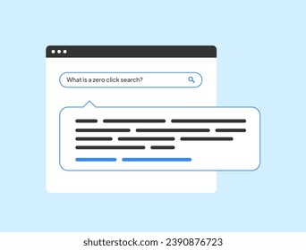 Zero Klicken Sie auf Suche, Vektorgrafik. Erhalten Sie sofortige Antworten mit Suchabfragen, die Informationen direkt auf der Ergebnisseite der Suchmaschine anzeigen, ohne zusätzliche Klicks