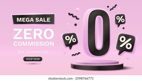 Zero commission, Limited offer, zero percent. Sign board promotion. Vector illustration