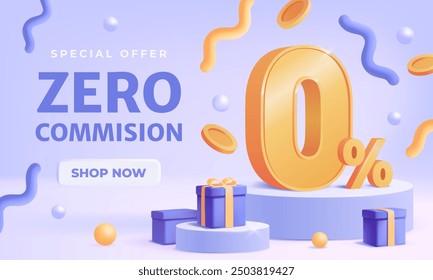 Zero commission promotional banner. Advertising poster with special limited offer and big sale. Zero percent. Digital Marketing and Online Shopping. Billboard design. Realistic 3D vector illustration