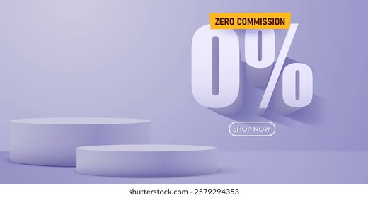 Zero commissions. Discount creative composition. Product presentation, mock up, podium. Sale banner and poster. Vector illustration.