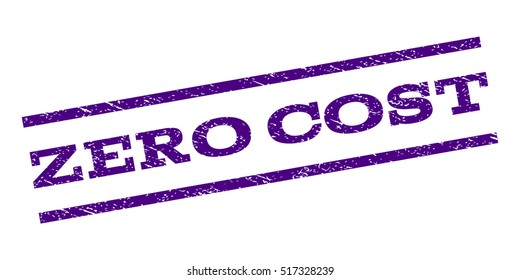 Zero Cost watermark stamp. Text tag between parallel lines with grunge design style. Rubber seal stamp with scratched texture. Vector indigo blue color ink imprint on a white background.