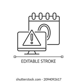 Zero day attack linear icon. Vulnerable software. Fixing program with patch. Thin line customizable illustration. Contour symbol. Vector isolated outline drawing. Editable stroke. Arial font used