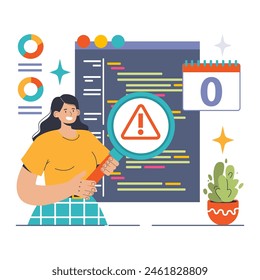 Zero day vulnerability discovered. Woman analyzing code, magnifying potential threat. Immediate software patch urgency. Flat vector illustration