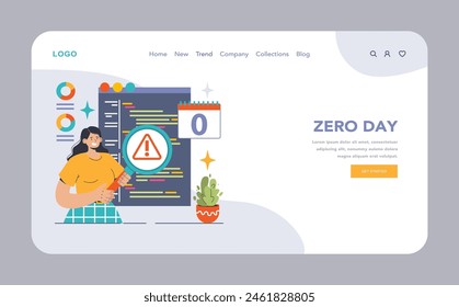 Zero day vulnerability web or landing. Woman analyzing code, magnifying potential threat. Immediate software patch urgency. Flat vector illustration