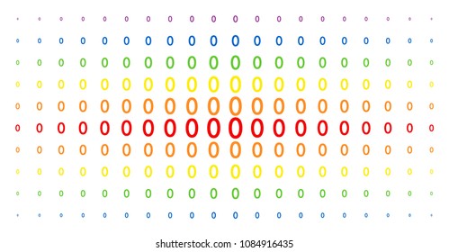 Zero digit icon spectrum halftone pattern. Vector zero digit items are arranged into halftone matrix with vertical rainbow colors gradient. Designed for backgrounds, covers,