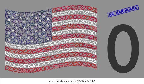 Zero digit icons are organized into USA flag collage with blue rectangle corroded stamp watermark of No Marihuana text. Vector collage of America waving flag is constructed from zero digit icons.