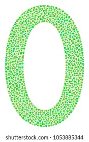 Zero Digit mosaic of circle dots in variable sizes and eco green color hues. Dots are combined into zero digit vector composition. Freshness vector design concept.