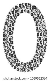 Zero digit mosaic of dollar symbols and round dots. Vector dollar currency signs are combined into zero digit illustration.