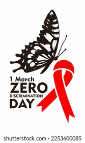 Zero Discrimination Day 1 March. Suitable for Greeting Card, Poster and Banner. Poster with butterfly in linocut. Vector stock illustration isolated on white background.