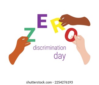 Zero Discrimination Day 1 March. Hands of diverse group of people putting together. Isolated on white background. Vector illustration