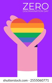 Zero Discrimination Day 1 March. Hand hold heart with different colors. Flat vector illustration.