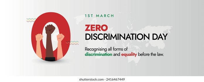 Zero Discrimination day. 1st March Zero Discrimination day 2024 celebration cover banner in grey background with hands of different colours doing air punches. Save lives: Decriminalise. 