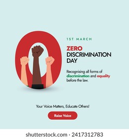 Zero Discrimination day. 1st March Zero Discrimination day celebration banner in light cyan background with hands of different colours doing air punches. Save lives: Decriminalise. Equality concept