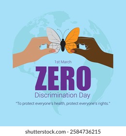 Zero Discrimination day. 1st March Zero Discrimination day celebration banner in light cyan background with hands of different colors doing air punches. Save lives Equality concept