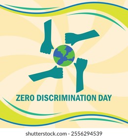ZERO DISCRIMINATION DAY BACKGROUND COVER, BANNER, POSTER, FLYER NEW ILLUSTRATION DESIGN WITH HANDS AND EARTH SYMBOL AND ICONS
