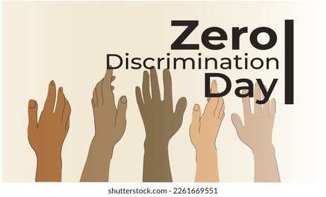 Zero discrimination day banner with hands of different skin colors stacked on top of each other as teamwork