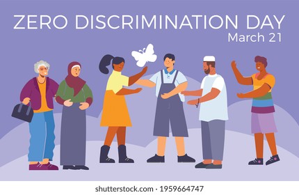 Zero discrimination day card with doodle human characters of different color religion and race with text vector illustration