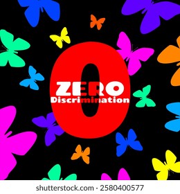 Zero Discrimination Day to celebrate on March 1st. The number zero with colorful butterflies on black background.