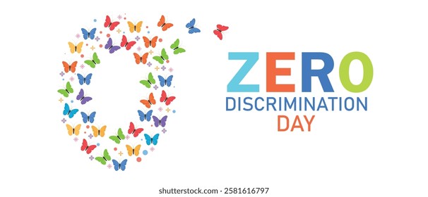 Zero Discrimination Day celebration with colorful butterflies forming a ribbon, symbolizing equality, diversity, and inclusion.