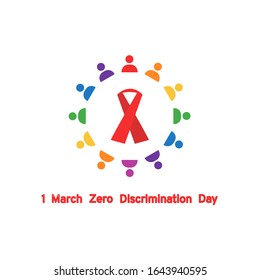 Zero discrimination day. The contours of people of different colors are arranged in a circle. In the center is a red ribbon, symbol of AIDS Day, HIV. Concept: international care for people with AIDS.
