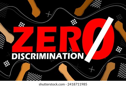 Zero Discrimination Day event banner. Bold text with numbers, hands in various skin colors and elements on black background to commemorate on March 1
