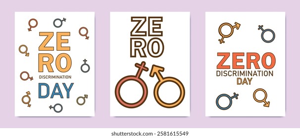 Zero Discrimination Day greeting cards with gender symbols and bold typography, representing equality, diversity, and social justice.