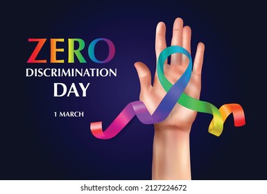 Zero Discrimination Day Horizontal Composition With Editable Text And Human Hand With Curly Rainbow Colored Ribbon Illustration Free Vector