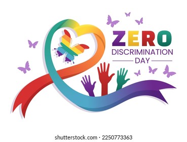 Zero Discrimination Day Illustration with Different People and Different Colors for Landing Page in Cartoon Hand Drawn Butterfly Flying Template